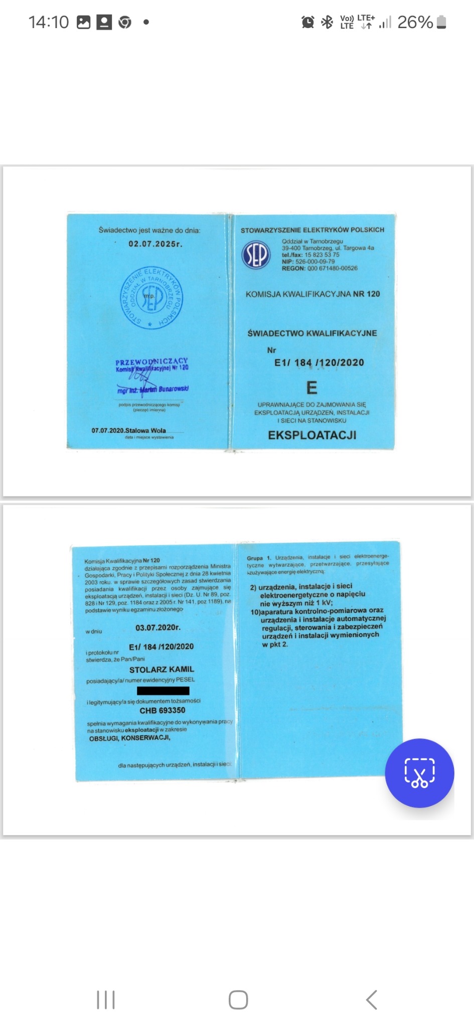 Skan niebieskiego świadectwa kwalifikacyjnego SEP nr 120, uprawniającego do eksploatacji urządzeń i instalacji elektrycznych, z datą ważności do 02.07.2025, wydane dla Kamila Stolarza.