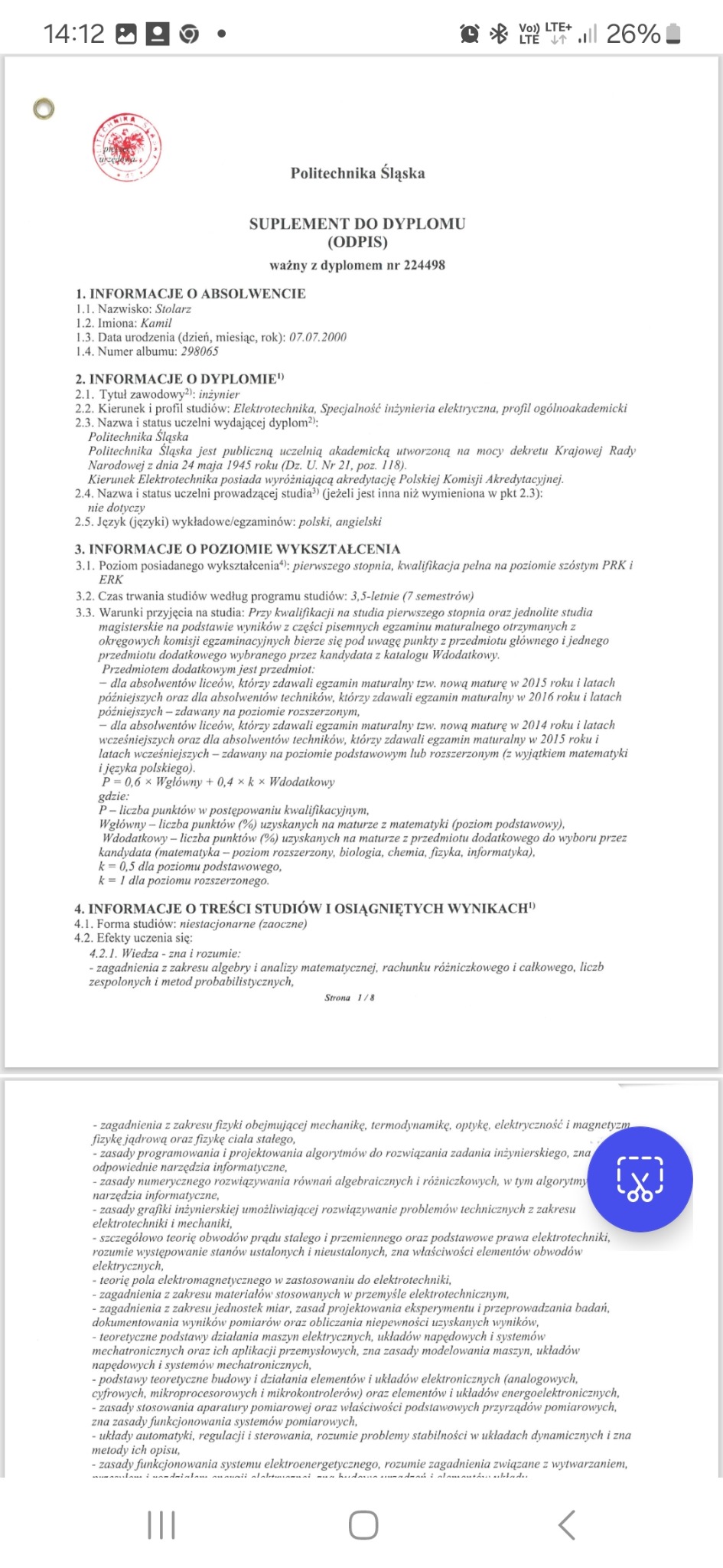 Skan suplementu do dyplomu Politechniki Śląskiej z kierunku Elektrotechnika, specjalność inżynieria elektryczna, profil ogólnoakademicki, zawierający informacje o absolwencie, dyplomie i treści...