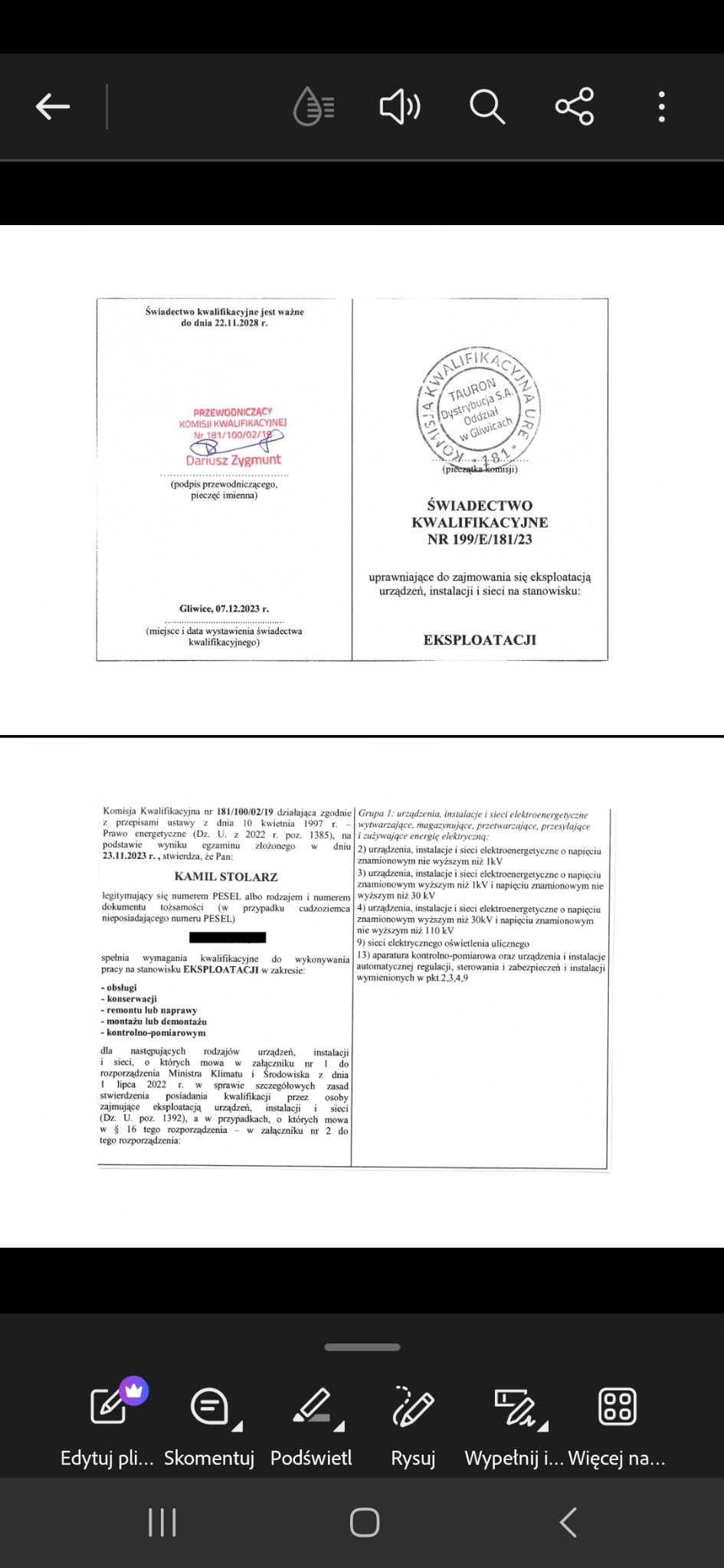 Swiadectwo kwalifikacyjne E