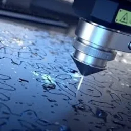 Precyzyjne cięcie laserowe w metalu; widoczna głowica lasera i iskry podczas obróbki, powierzchnia metalu pokryta chłodziwem.