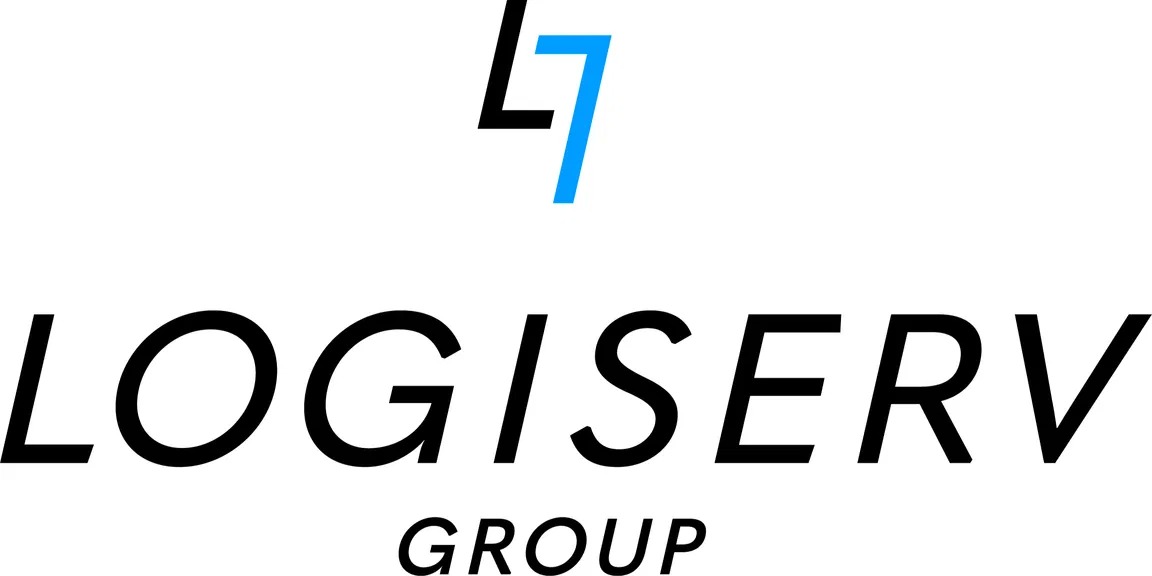 Logo firmy Logiserv Group z symbolem graficznym w postaci stylizowanej liczby 4 i 7 w kolorze czarnym i niebieskim.