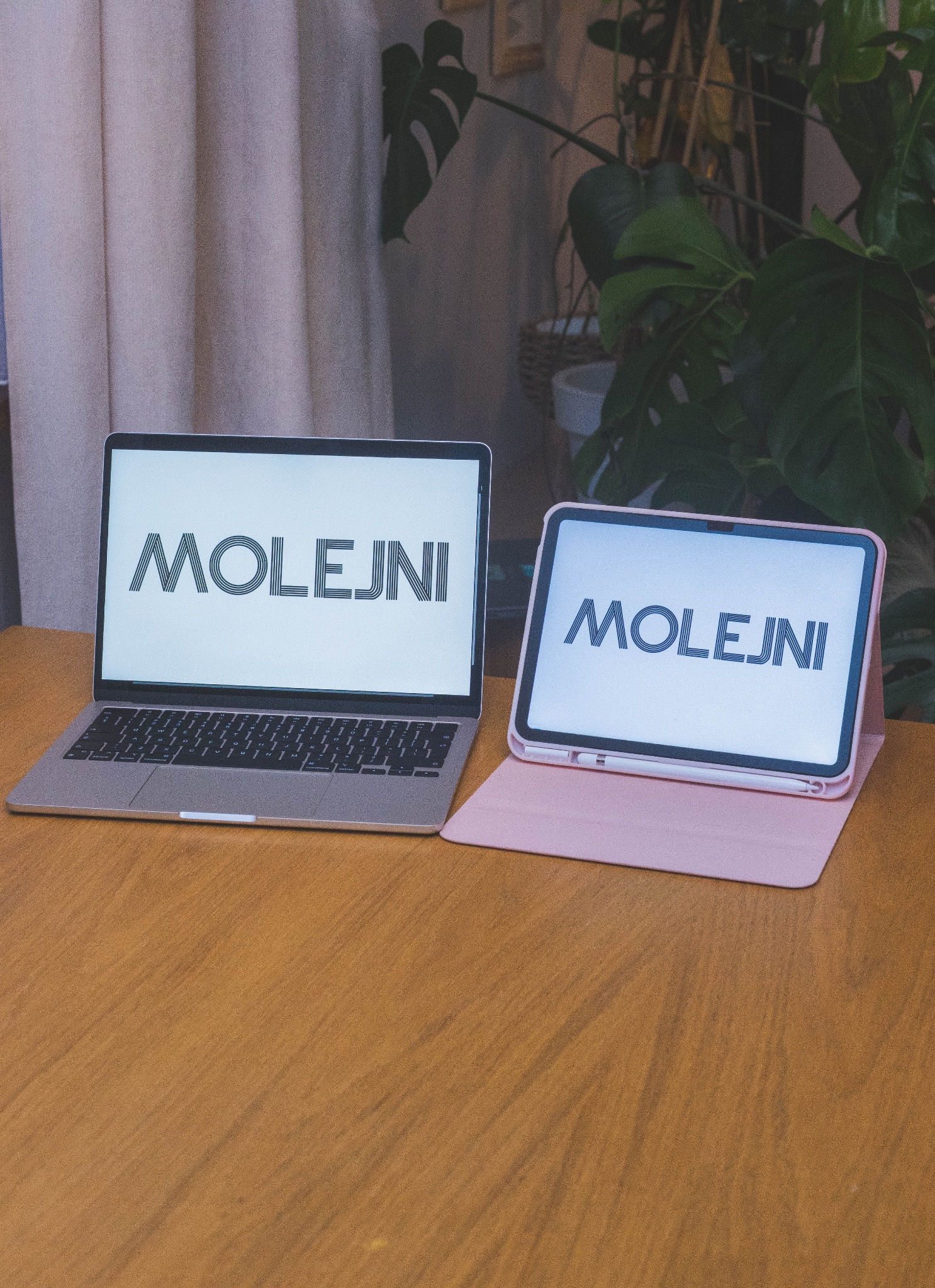 Laptop i tablet obok siebie na drewnianym stole, oba wyświetlają logo 'MOLEJNI', za nimi zasłona i roślina doniczkowa.