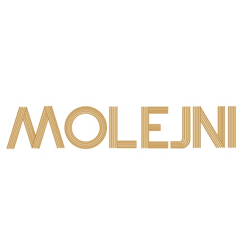 Złote logo firmy MOLEJNI z liniowymi elementami na białym tle.