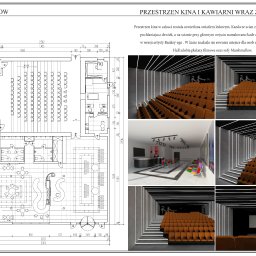 YokaTechnic - Projekt architektoniczny kina i kawiarni z hallem, obejmujący rzut poziomy, wizualizacje wnętrza sali kinowej z oświetleniem LED i muralem Pulp Fiction, oraz wizualizację hallu z kolorowymi krzesłami.
