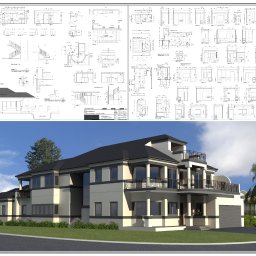 YokaTechnic - Wizualizacja dwukondygnacyjnego domu z balkonami, prezentująca elewację frontową i boczną, z widocznymi planami technicznymi pomieszczeń na górze, ukazująca projekt architektoniczny.