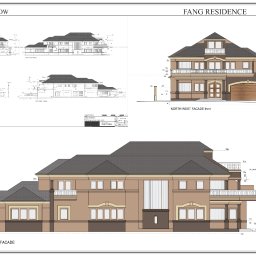 YokaTechnic - Architektoniczny rysunek elewacji dwupiętrowej rezydencji z garażem, prezentujący fasady północno-zachodnią i północno-wschodnią wraz z detalami wymiarowymi.