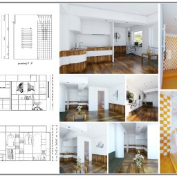 YokaTechnic - Kolaż wizualizacji wnętrz: kuchnia z drewnianymi akcentami, łazienka z pomarańczowo-białymi płytkami, biuro z drewnianą podłogą i szkice techniczne mebli.