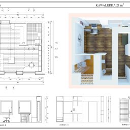 YokaTechnic - Plan kawalerki 21m2 z rzutem z góry, przekrojami B-B, C-C i G-G, zawierający wymiary i wyposażenie