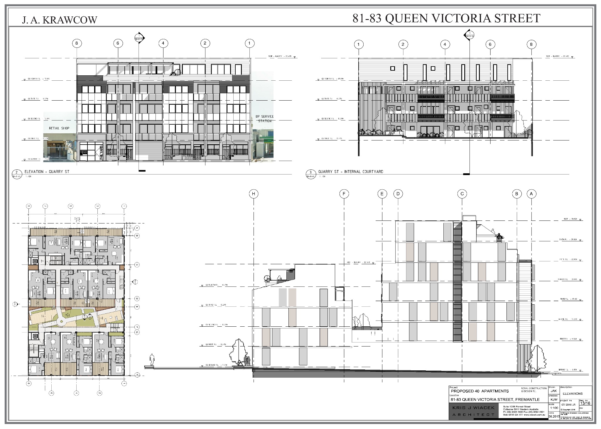 Rzut elewacji i planu apartamentowca z zaznaczonymi poziomami i elementami otoczenia, prezentujący projekt architektoniczny budynku wielorodzinnego z detalami elewacji i układem mieszkań.