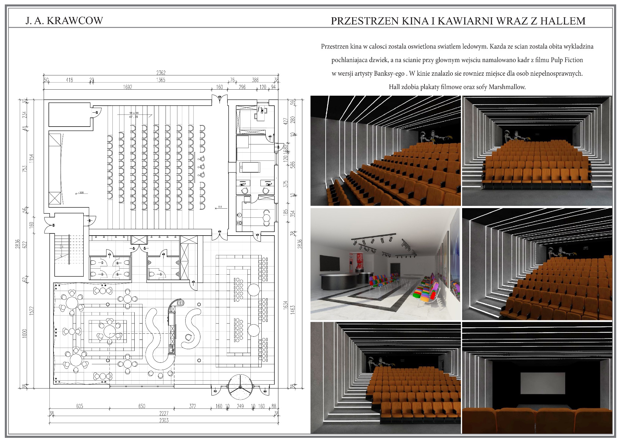 Projekt architektoniczny kina i kawiarni z hallem, obejmujący rzut poziomy, wizualizacje wnętrza sali kinowej z oświetleniem LED i muralem Pulp Fiction, oraz wizualizację hallu z kolorowymi krzesłami.