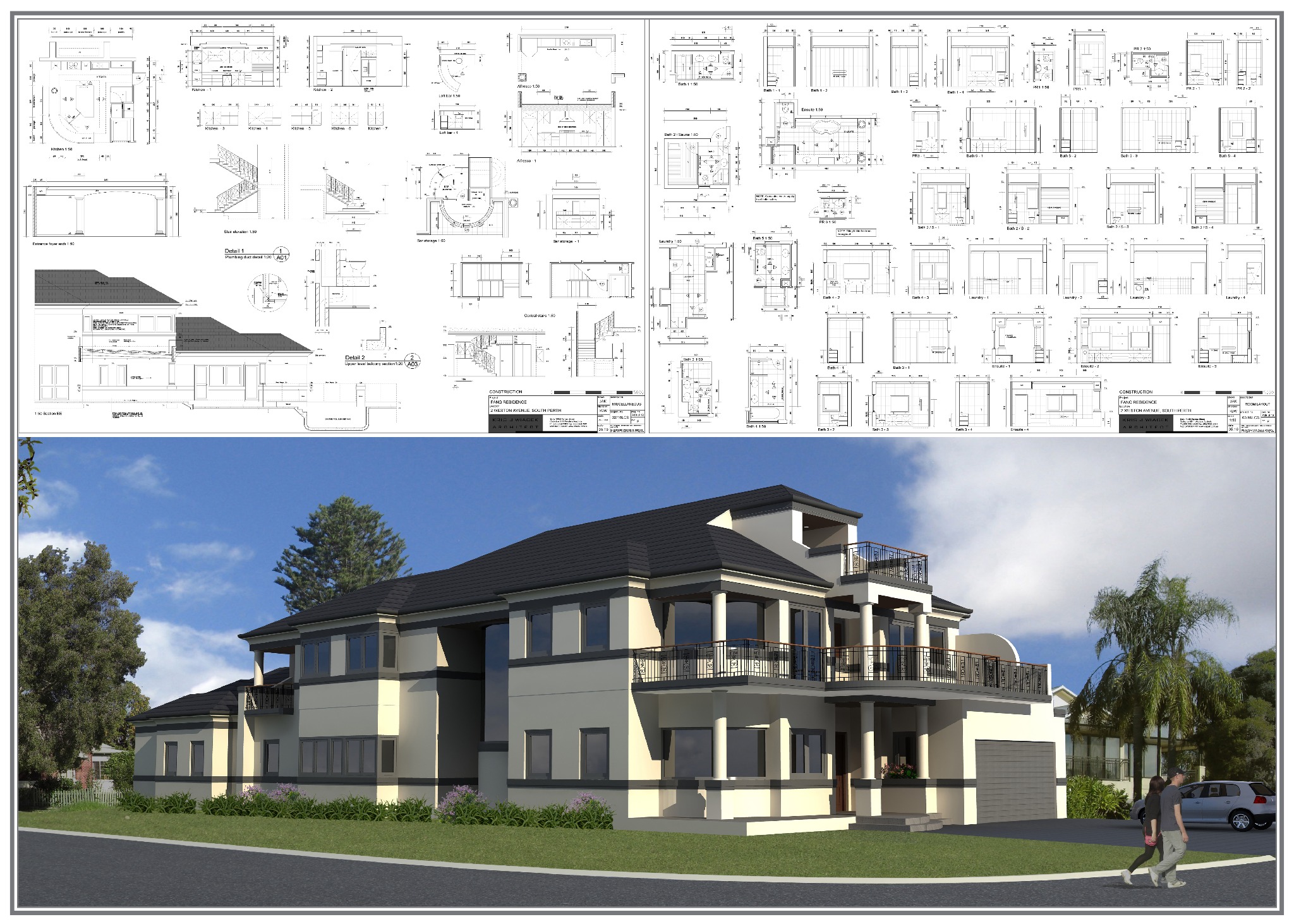Wizualizacja dwukondygnacyjnego domu z balkonami, prezentująca elewację frontową i boczną, z widocznymi planami technicznymi pomieszczeń na górze, ukazująca projekt architektoniczny.