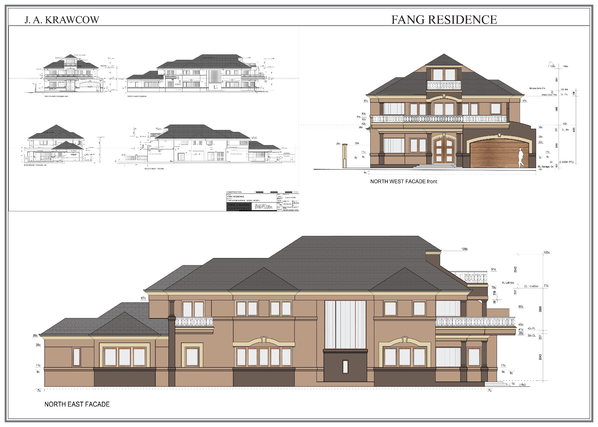 Architektoniczny rysunek elewacji dwupiętrowej rezydencji z garażem, prezentujący fasady północno-zachodnią i północno-wschodnią wraz z detalami wymiarowymi.