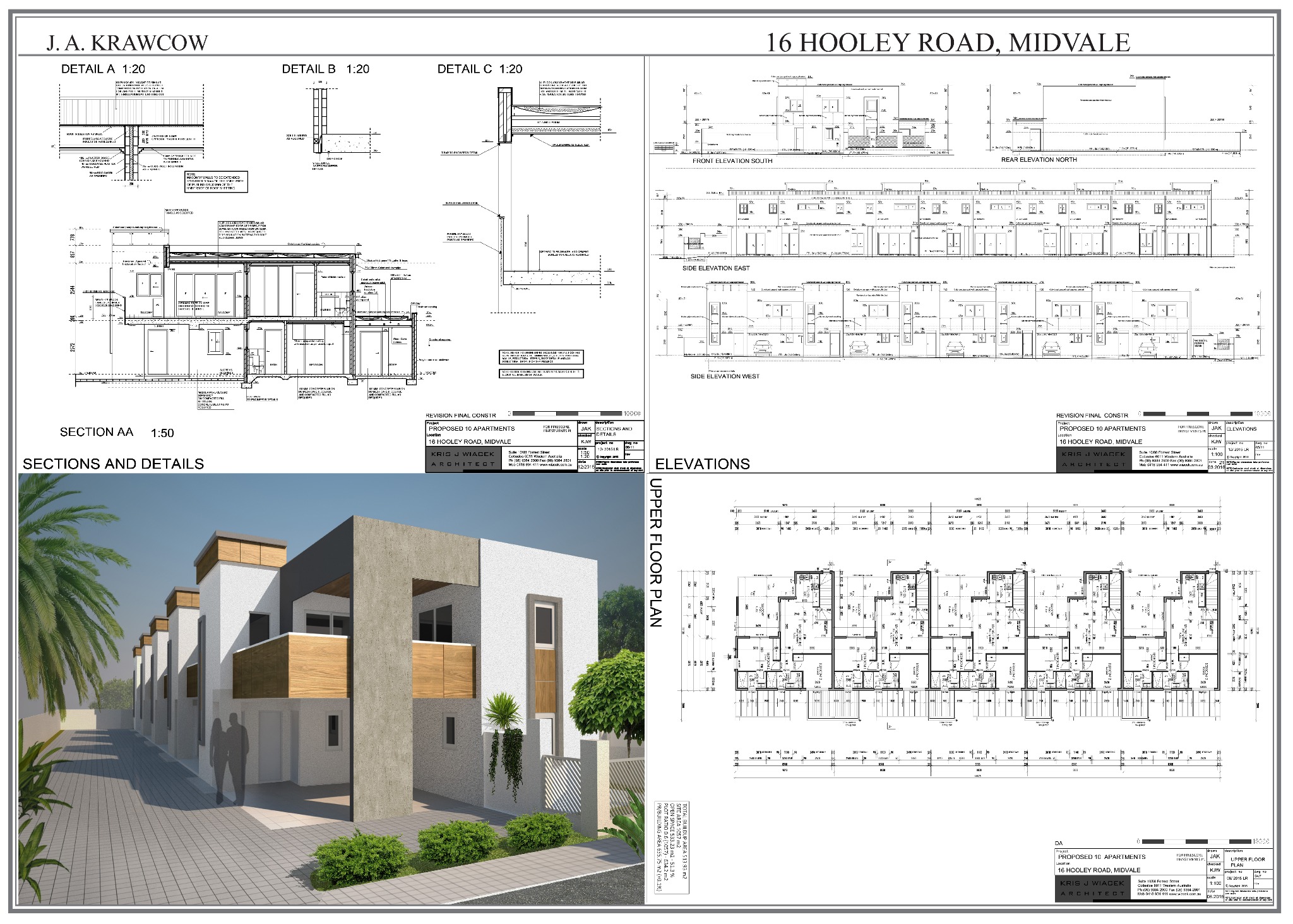Wizualizacja projektu architektonicznego zespołu budynków mieszkalnych, prezentująca przekroje, elewacje i rzut górny, z detalami konstrukcyjnymi i zagospodarowaniem terenu, w tym zielenią...