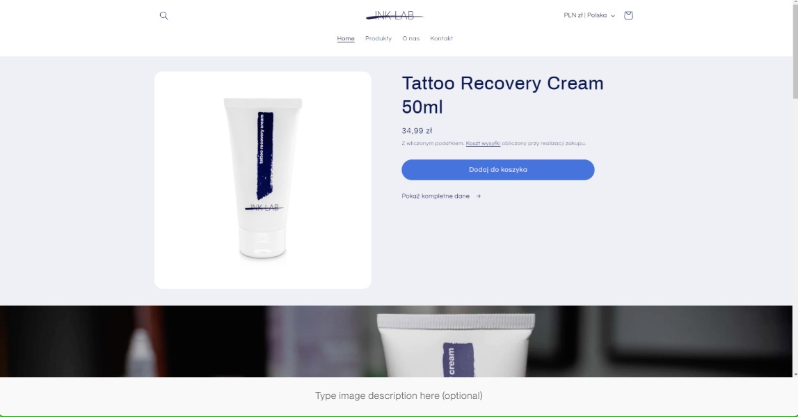 Ekran komputera prezentujący stronę internetową sklepu Ink Lab z kremem do pielęgnacji tatuaży Tattoo Recovery Cream 50ml, widoczny produkt i przycisk 'Dodaj do koszyka'.
