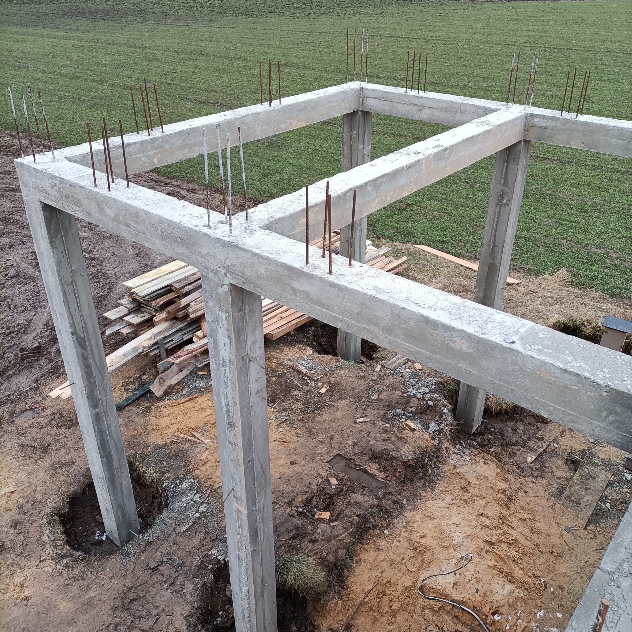 Żelbetowa konstrukcja szkieletowa budynku w trakcie budowy, widoczne wystające pręty zbrojeniowe, stos desek obok fundamentów, ziemia wokół i zielone pole w tle.