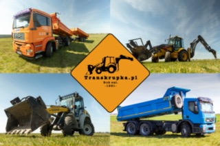 Kolaż przedstawiający maszyny budowlane firmy Transkrupka.pl z Wysogotowa: pomarańczowa ciężarówka z przyczepą, koparka, ładowarka oraz niebieska wywrotka, a w centrum logo firmy na żółtym tle.