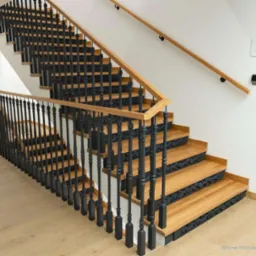 Schody drewniane z czarnymi, ozdobnymi balustradami i drewnianą poręczą, widok z dołu, jasne drewno stopni