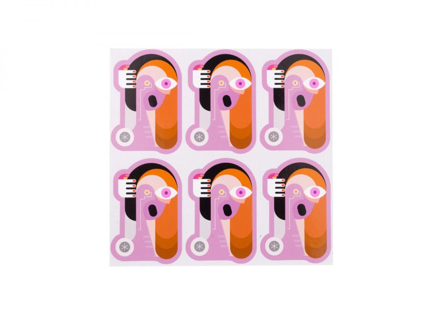 Arkusz sześciu naklejek z abstrakcyjnym portretem w stylu geometrycznym, dominują kolory różowy, pomarańczowy i czarny. Każda naklejka przedstawia uproszczoną twarz z dużym okiem i ręką przy głowie.