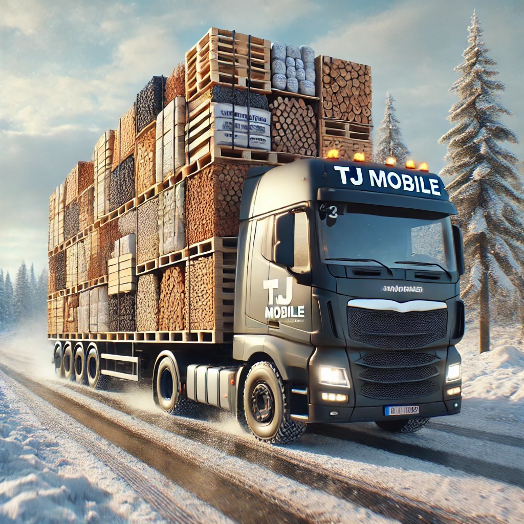 Ciężarówka marki TJ Mobile przewozi ładunek drewna ułożonego na paletach, jadąc po ośnieżonej drodze w zimowym krajobrazie.
