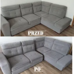 Szara, narożna kanapa tapicerowana na zdjęciu typu 'przed i po', ukazująca różnicę w czystości tapicerki po zabiegu czyszczenia. Widoczne detale faktury materiału.