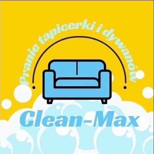 Ilustracja logo firmy Clean-Max z Czestkowa B, oferującej usługi czyszczenia tapicerki i dywanów, przedstawiająca stylizowaną, błękitną kanapę na tle żółtych i białych bąbelków, z napisem 'Pranie...