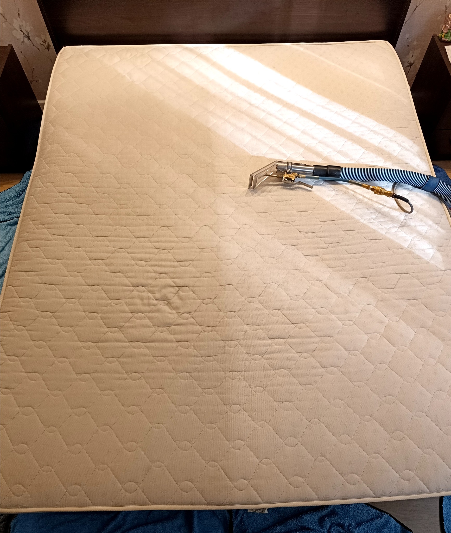 Czyszczenie materaca beżowym odkurzaczem piorącym. Widoczny fragment wypranej powierzchni i urządzenie z wężem. Dwuosobowy materac na łóżku.