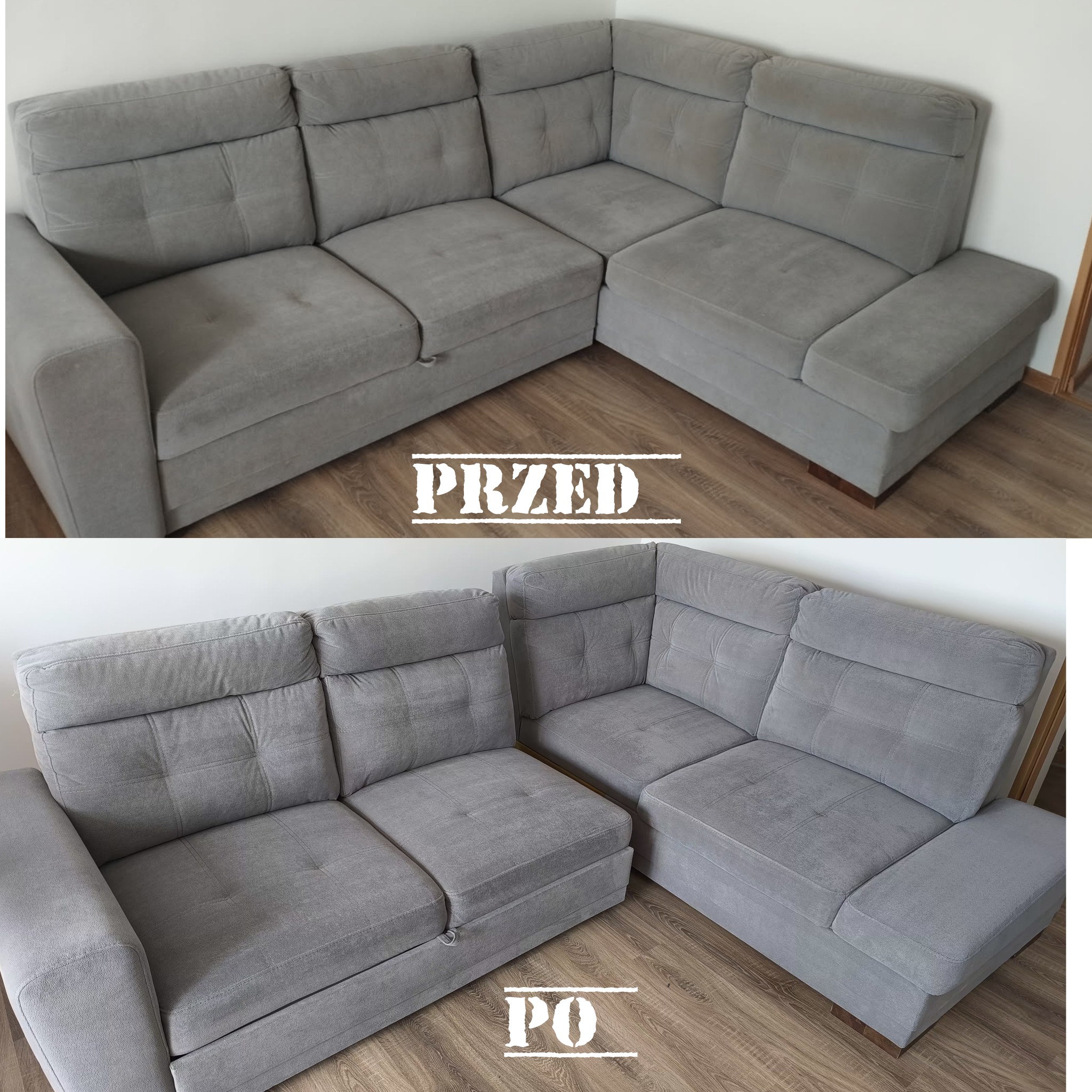Szara, narożna kanapa tapicerowana na zdjęciu typu 'przed i po', ukazująca różnicę w czystości tapicerki po zabiegu czyszczenia. Widoczne detale faktury materiału.
