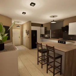 Nowoczesna kuchnia z drewnianym blatem, hokerami i roślinami doniczkowymi, oświetlona punktowymi lampami sufitowymi.