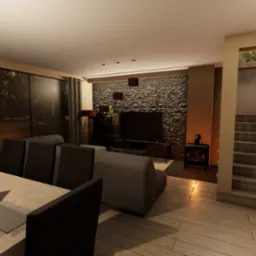 Wizualizacja salonu z jadalnią, drewniany stół z krzesłami w pierwszym planie, w tle sofa, telewizor na tle ściany z kamienia dekoracyjnego i kominek.