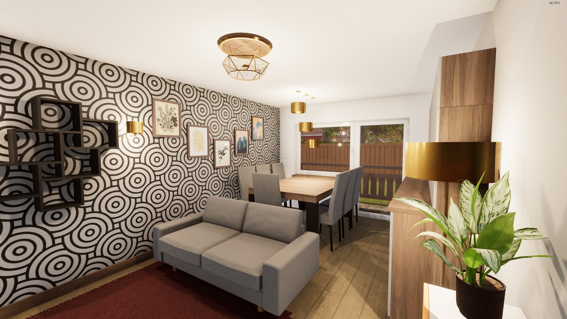 Wizualizacja salonu z sofą, stołem jadalnym i krzesłami w szarościach, na ścianie tapeta w geometryczne wzory, złote lampy wiszące i dekoracje ścienne.