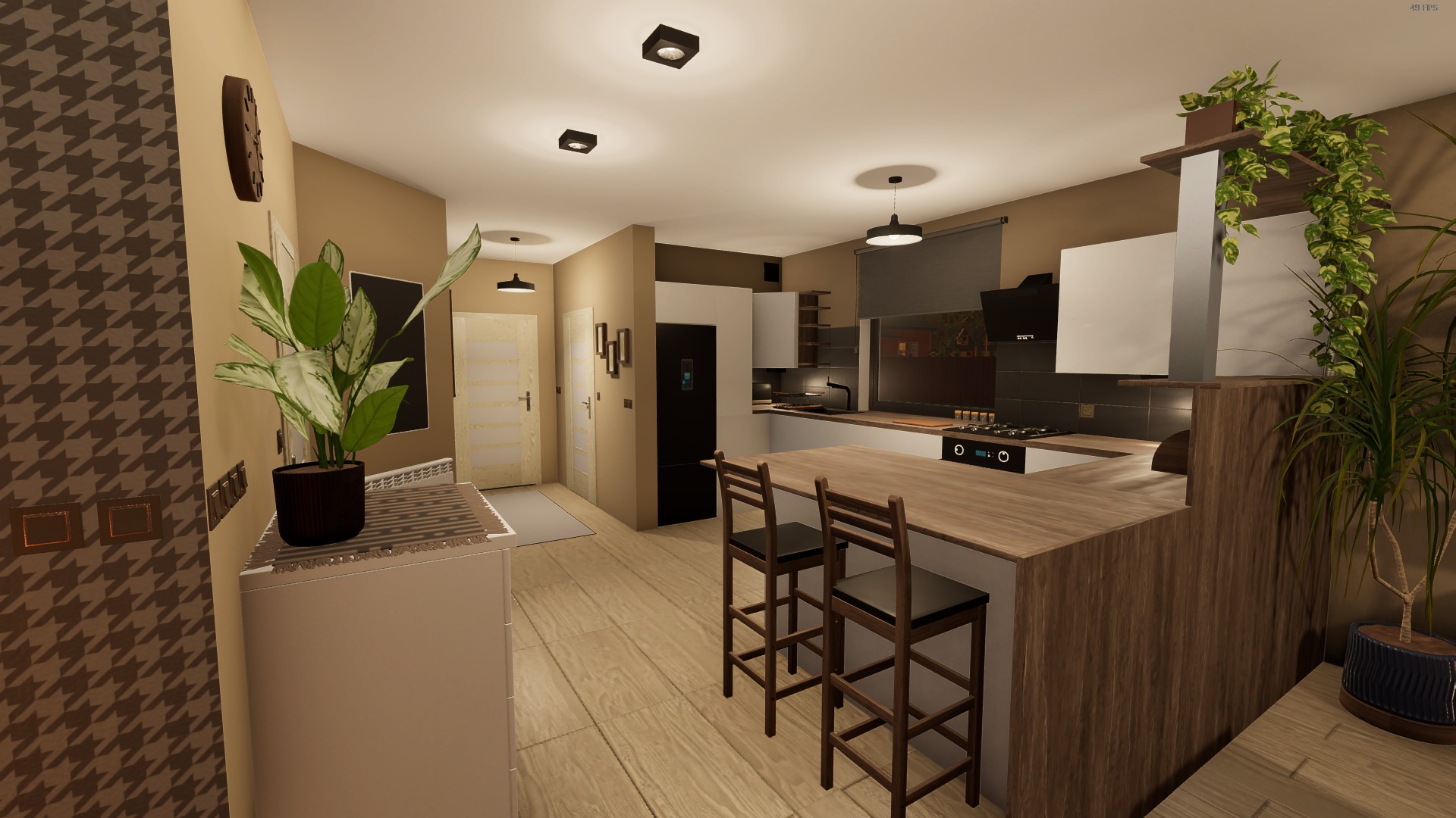 Nowoczesna kuchnia z drewnianym blatem, hokerami i roślinami doniczkowymi, oświetlona punktowymi lampami sufitowymi.