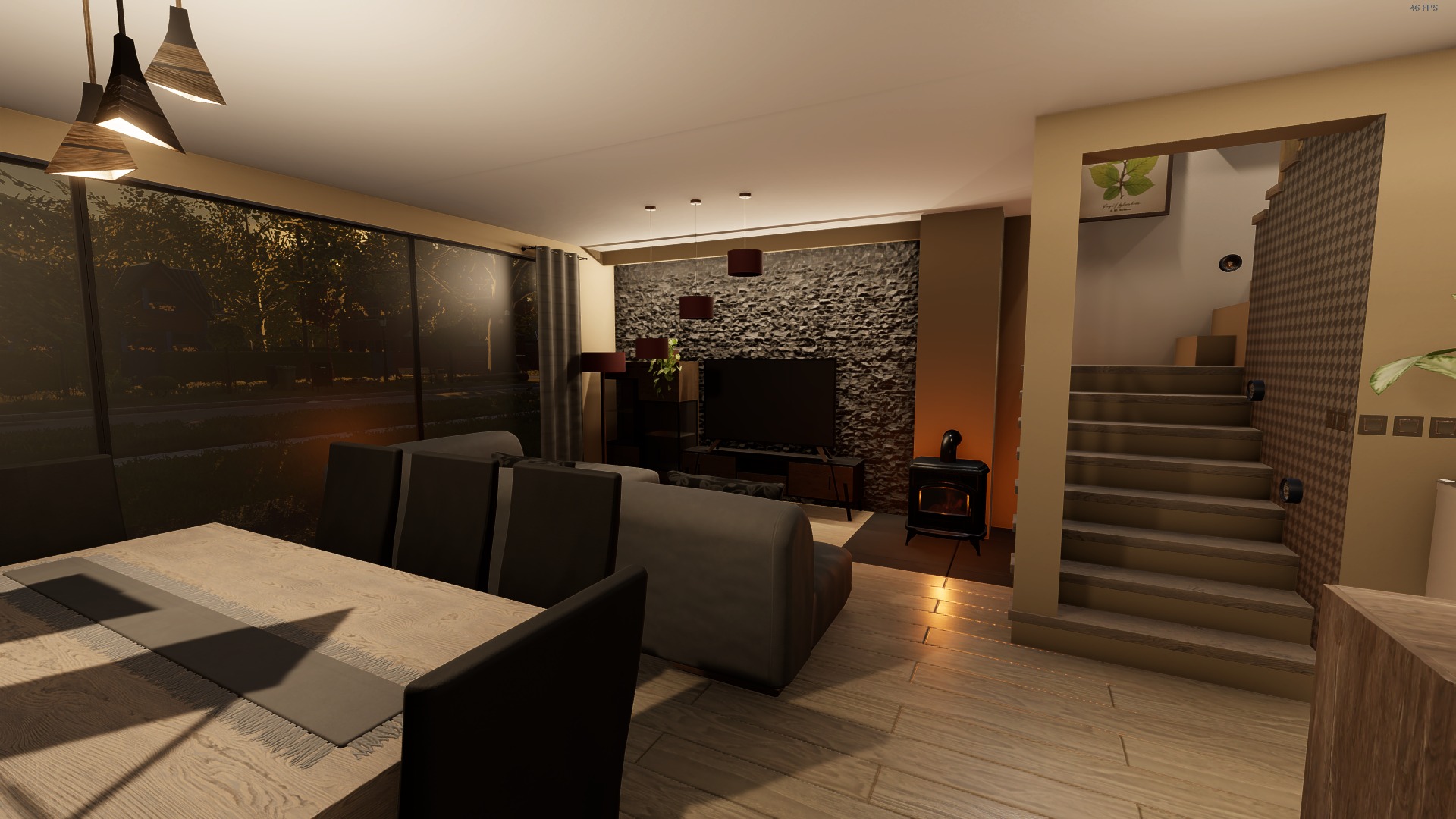 Wizualizacja salonu z jadalnią, drewniany stół z krzesłami w pierwszym planie, w tle sofa, telewizor na tle ściany z kamienia dekoracyjnego i kominek.