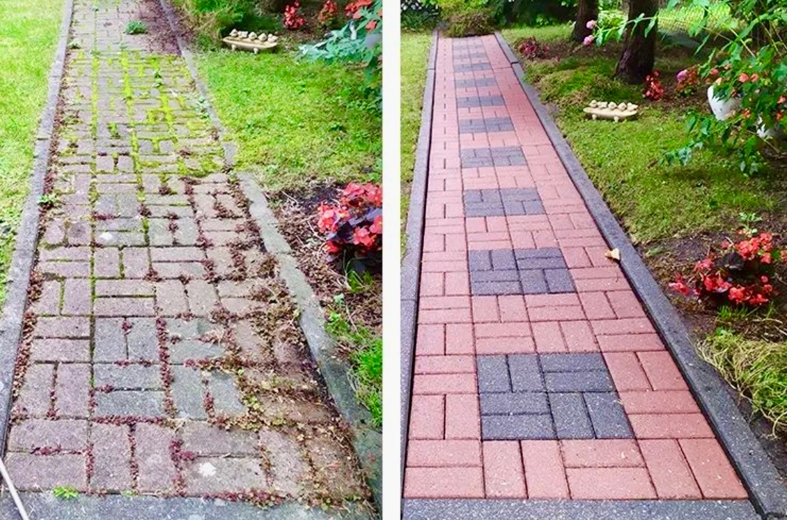 Porównanie kostki brukowej przed i po czyszczeniu: po lewej stronie zaniedbana, porośnięta mchem i chwastami, po prawej stronie czysta, z wyraźnym wzorem czerwono-szarych kostek, otoczona zielenią.