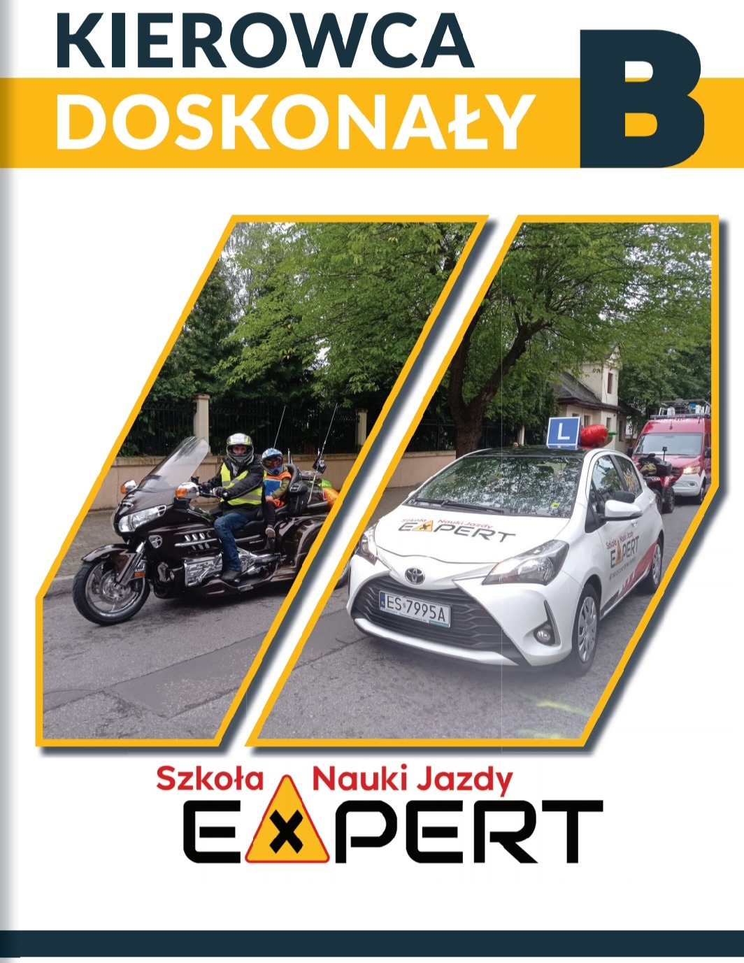 Grafika reklamowa szkoły nauki jazdy Expert prezentująca motocykl i samochód nauki jazdy na tle zieleni miejskiej.