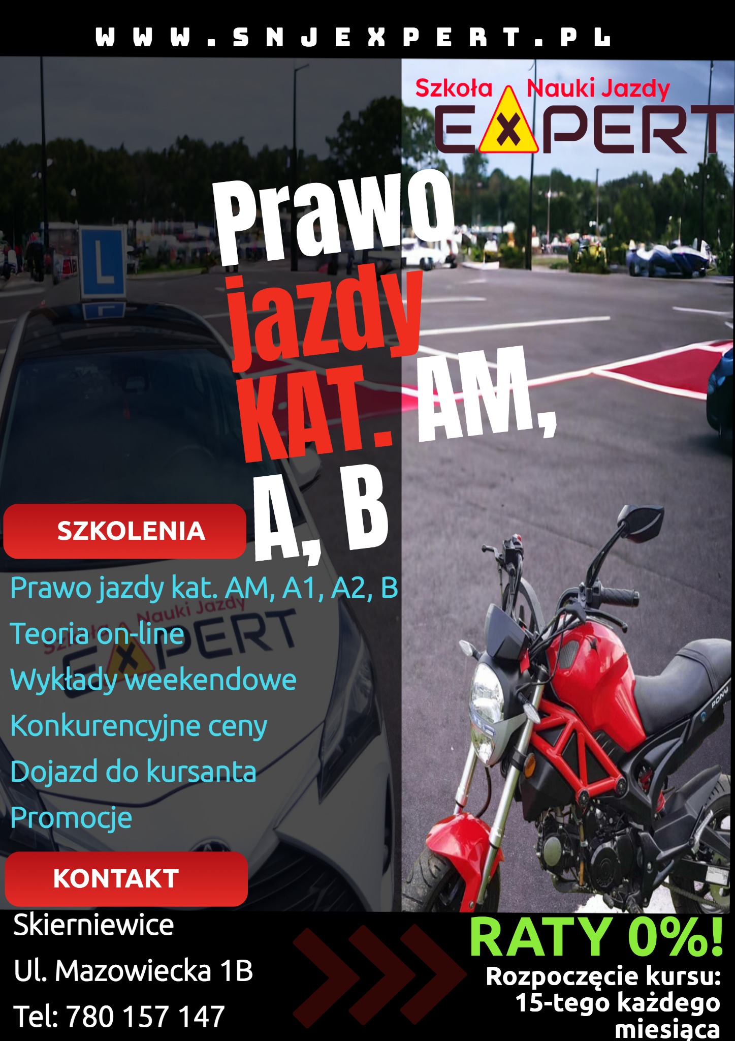 Baner reklamowy szkoły nauki jazdy z logo Expert, informacją o prawie jazdy kategorii AM, A, B, samochodzie z literą L oraz czerwonym motocyklem Pony.