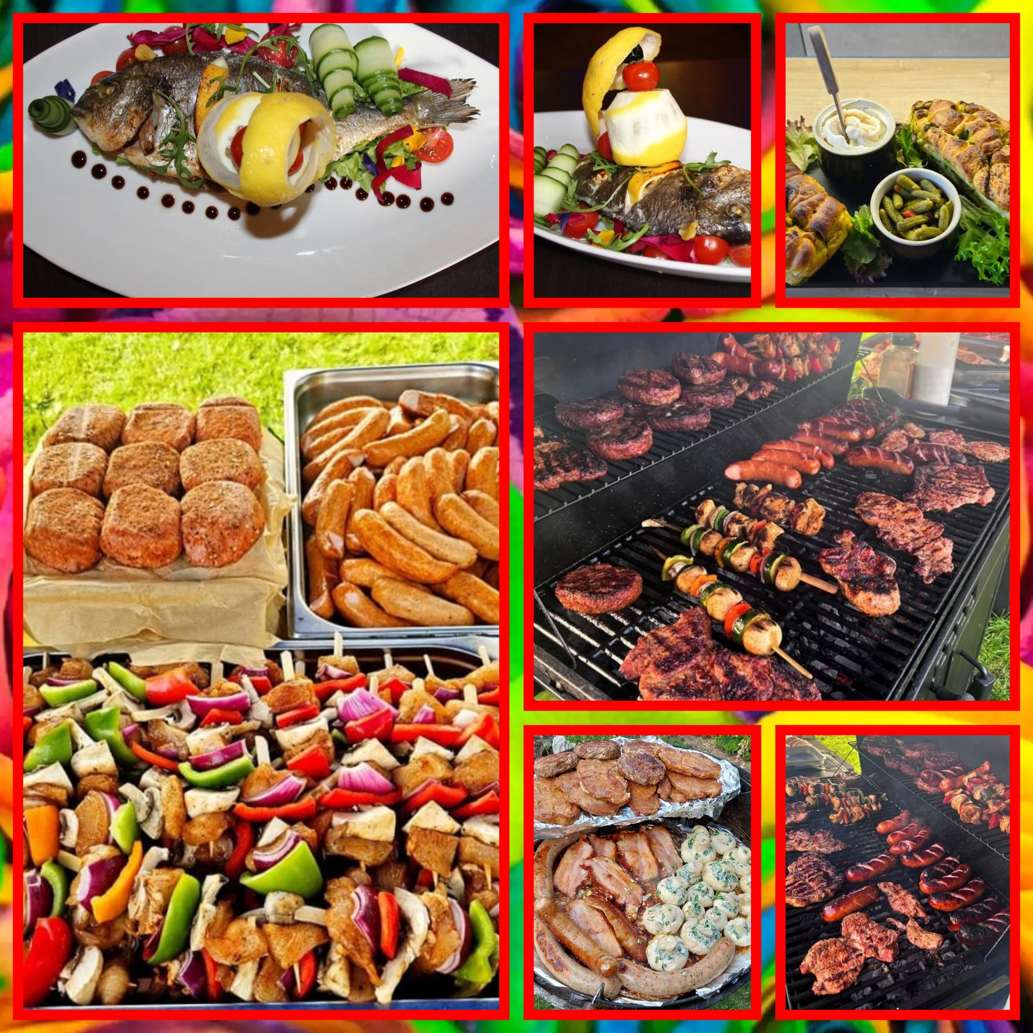 Kompozycja różnorodnych potraw: grillowane mięsa i warzywa na szpadkach, pieczona ryba z dekoracją z cytryny i warzyw, marynowane grzyby i ogórki, burgery i kiełbaski, prezentowane na tle zieleni.