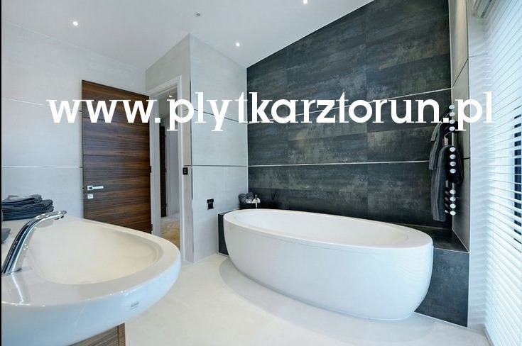 Nowoczesna łazienka z wolnostojącą wanną, umywalką nablatową o owalnym kształcie i ciemnymi płytkami na ścianie, oświetlona punktowo.
