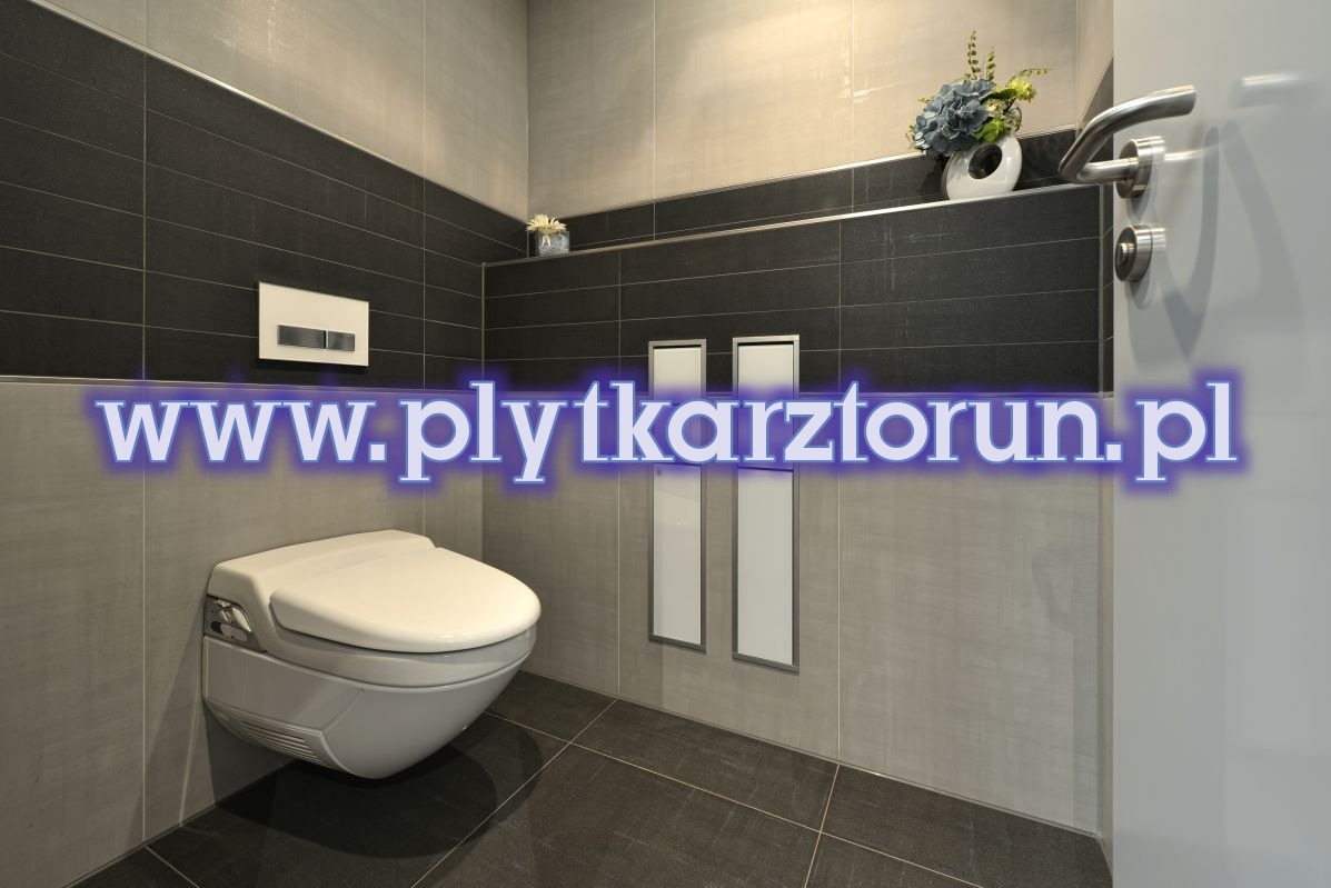 Nowoczesna łazienka z podwieszaną toaletą, szarymi i czarnymi płytkami oraz ukrytą spłuczką, wykończona listwami dekoracyjnymi.