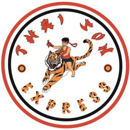 Inga Barżykowska - Circular logo featuring a cartoon boy riding a tiger, eating noodles with chopsticks, surrounded by stylized text 'Kamon Express' in a red and black outlined circle.