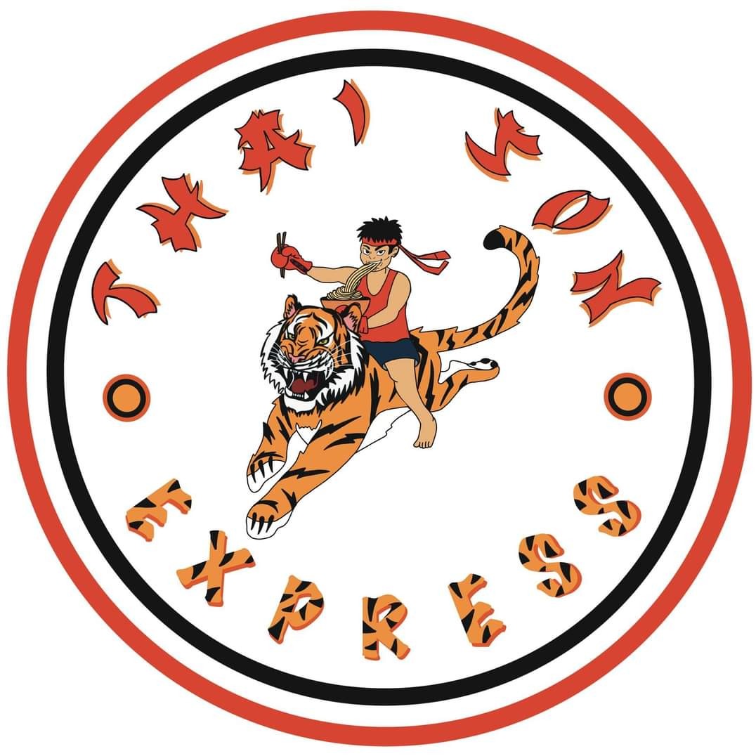 Circular logo featuring a cartoon boy riding a tiger, eating noodles with chopsticks, surrounded by stylized text 'Kamon Express' in a red and black outlined circle.