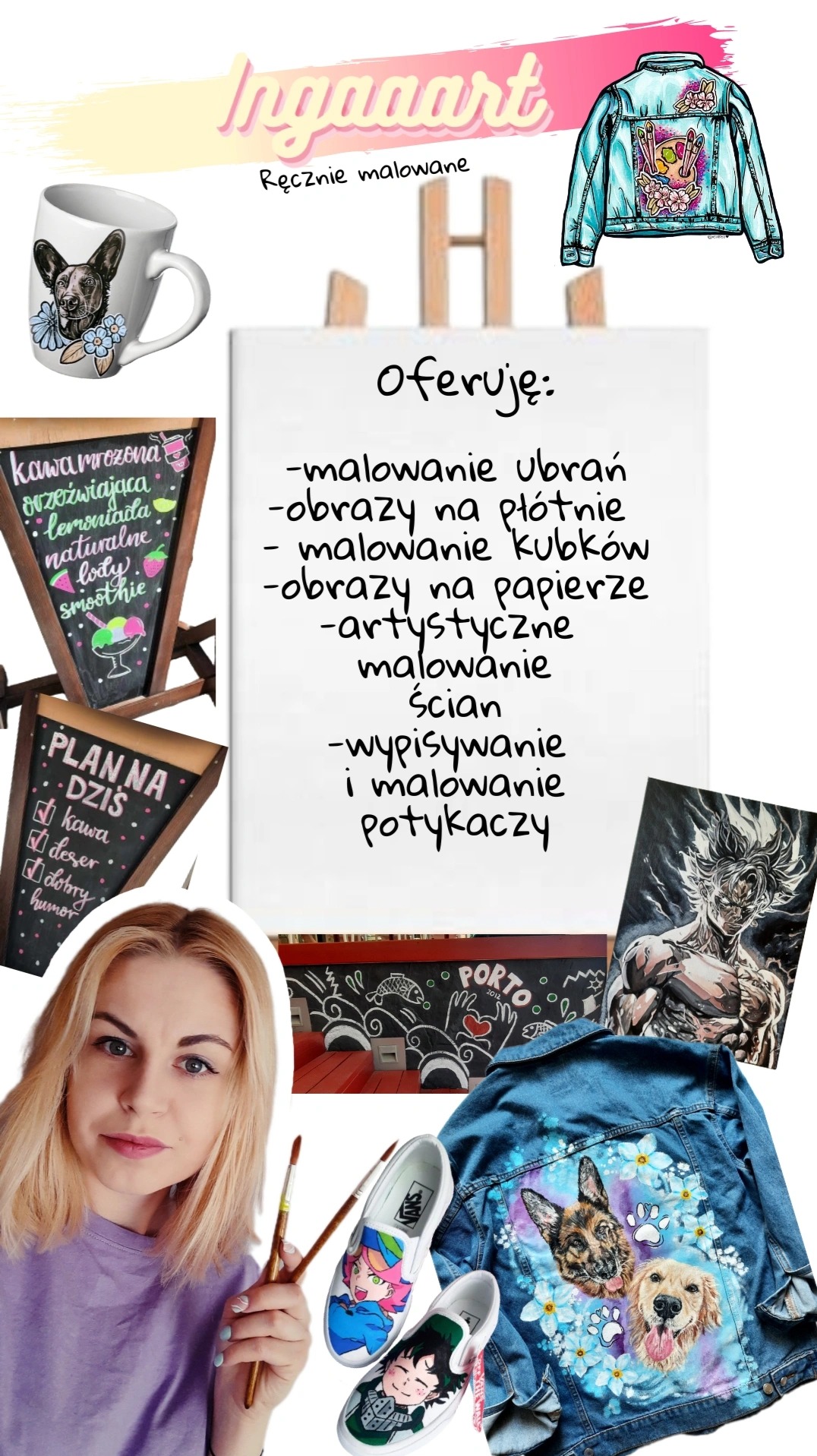 Kobieta trzymająca pędzle prezentuje ręcznie malowane ubrania, buty i kubki, wraz z tablicami informacyjnymi i rysunkami na papierze, demonstrując ofertę usług.