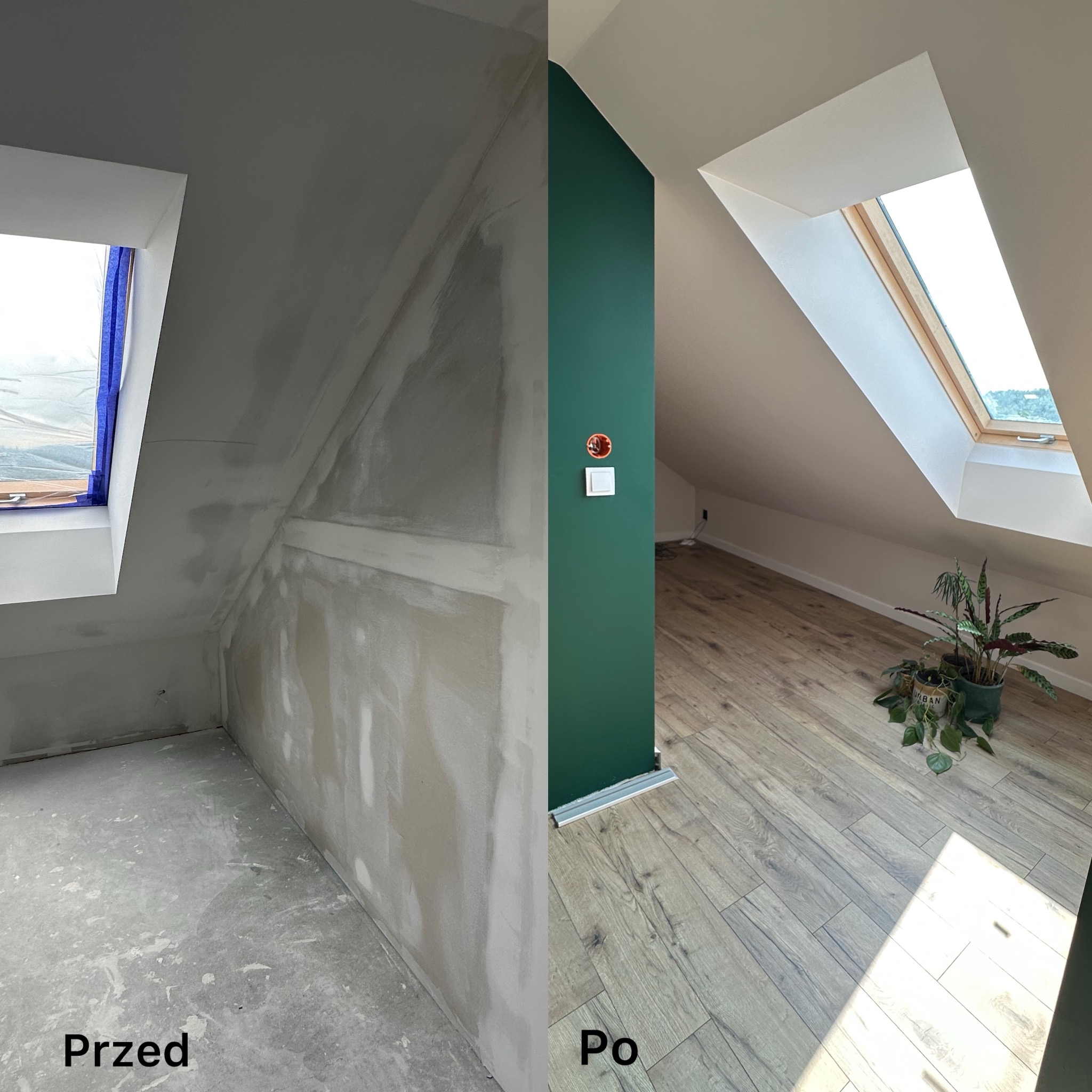 Zdjęcie 'przed i po' prezentuje wykończenie poddasza: szpachlowane ściany i sufit z oknem dachowym kontra pomalowana ściana na zielono, drewniana podłoga i roślina doniczkowa.