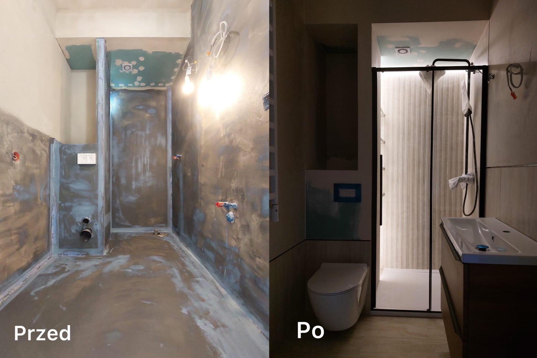 Remont łazienki: ujęcie 'przed' z surowymi ścianami i instalacjami, kontrastuje z 'po', prezentując nowoczesną kabinę prysznicową i umywalkę z szafką.
