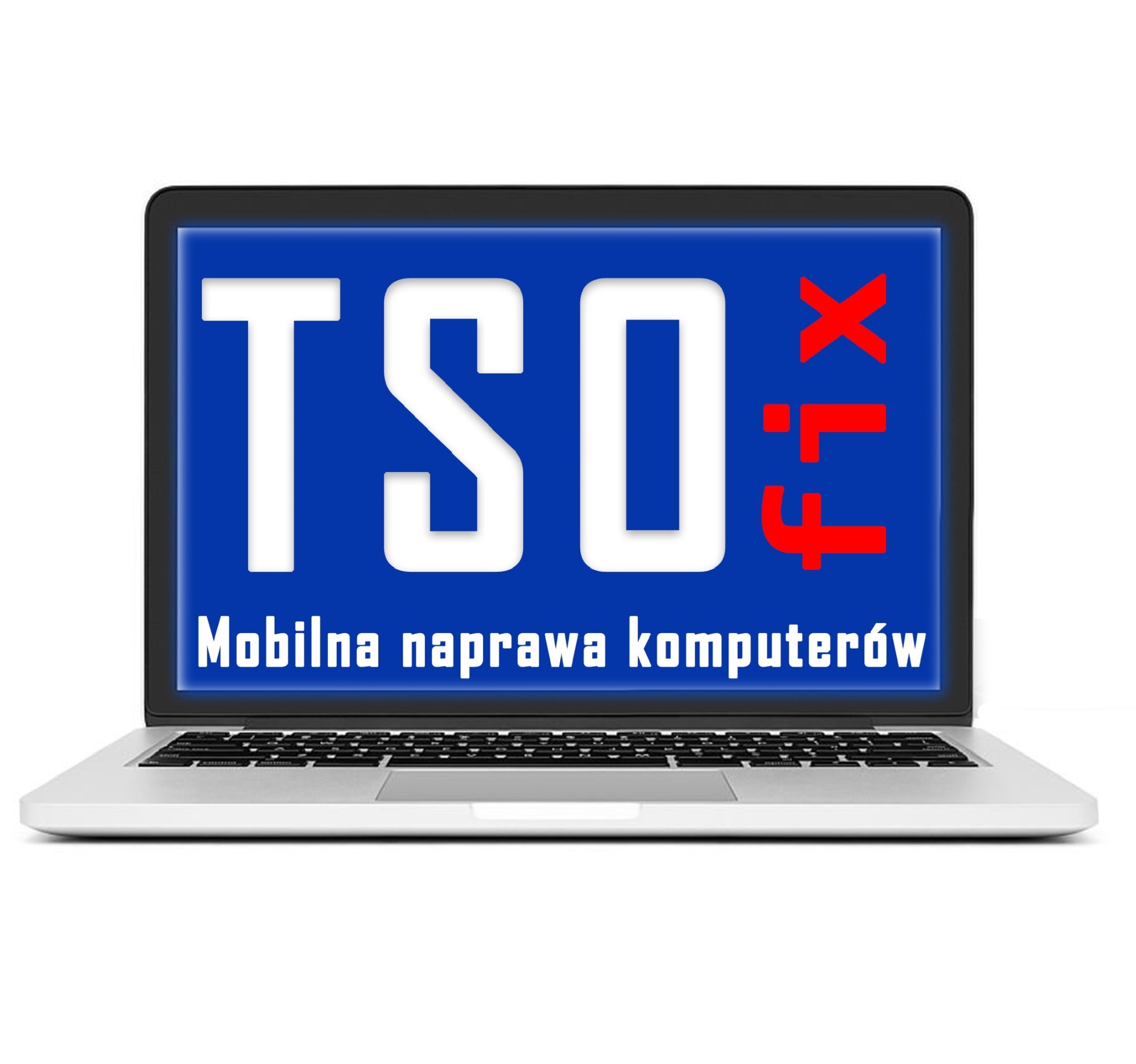 Laptop z wyświetlanym logo firmy 'TSO Fix' i napisem 'Mobilna naprawa komputerów' na niebieskim tle.