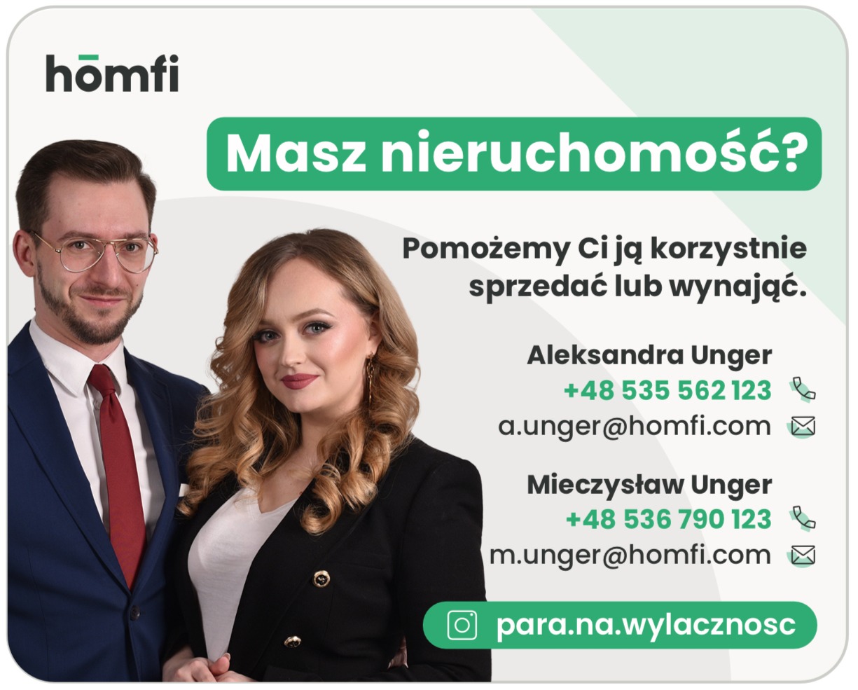 Zdjęcie przedstawia dwoje przedstawicieli firmy Homfi, mężczyznę w garniturze z czerwoną koszulą i krawatem oraz kobietę w czarnej marynarce, na tle z tekstem informującym o pomocy w sprzedaży...