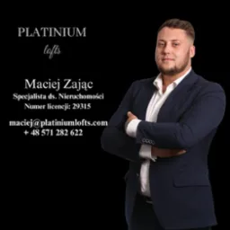 Portret Macieja Zająca, specjalisty ds. nieruchomości z firmy Platinium Lofts, z numerem licencji 29315, na czarnym tle.