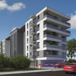 R1 Trade Dmytro Rupchev - Wizualizacja nowoczesnego apartamentowca z balkonami o szklanych balustradach, szlabanem wjazdowym i dwoma czerwonymi samochodami na parkingu.