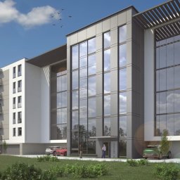 R1 Trade Dmytro Rupchev - Nowoczesny budynek biurowy z fasadą z okien aluminiowych, widoczne osoby przed wejściem i zaparkowane samochody.