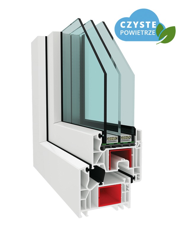 Przekrój ramy okiennej z trzema szybami, prezentujący konstrukcję i izolację, z naklejką 'Czyste Powietrze'.