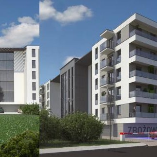 Wizualizacja nowoczesnego budynku mieszkalnego z balkonami i dużymi przeszkleniami, brama wjazdowa z szlabanem, fragment trawnika i roślinności na pierwszym planie.